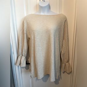 Suzanne Betro NWT Oatmeal Ribbed Textured Top with Lantern Sleeves, Size 1X